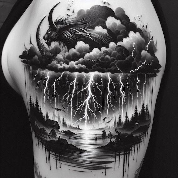Storm Demon Landscape Tattoo Design – Dark Fantasy Black and Grey