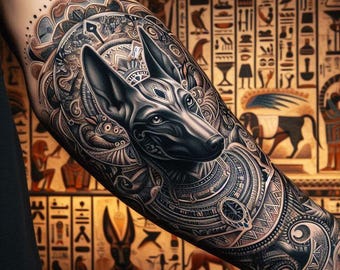 Diseño de tatuaje de Anubis: dios egipcio en negro y gris