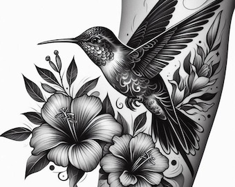 Hummingbird Floral Tattoo Design – Feminine Black and Grey Bird Tattoo Stencil | Hibiscus Flower Ink Art | Printable Tattoo Download
