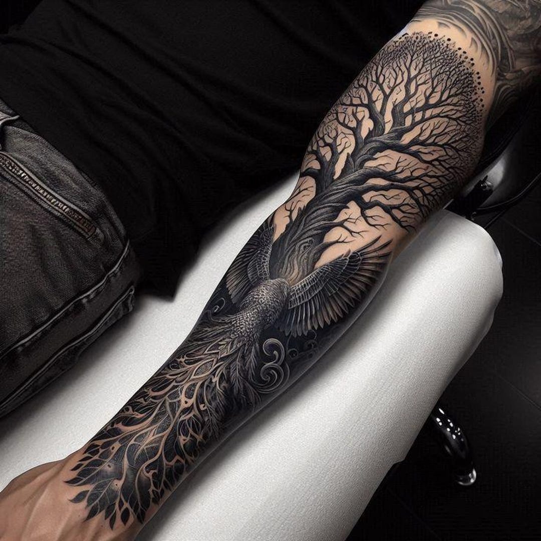 Raven Tree of Life Sleeve Tattoo | Black & Grey Nature Arm Design ...