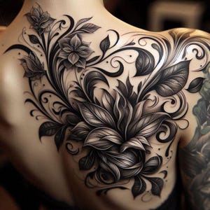 May include: A black and grey floral tattoo design on a person's back. The tattoo features large, stylised flowers, leaves, and swirling vines. The design is intricate and appears to be shaded to create depth and dimension.