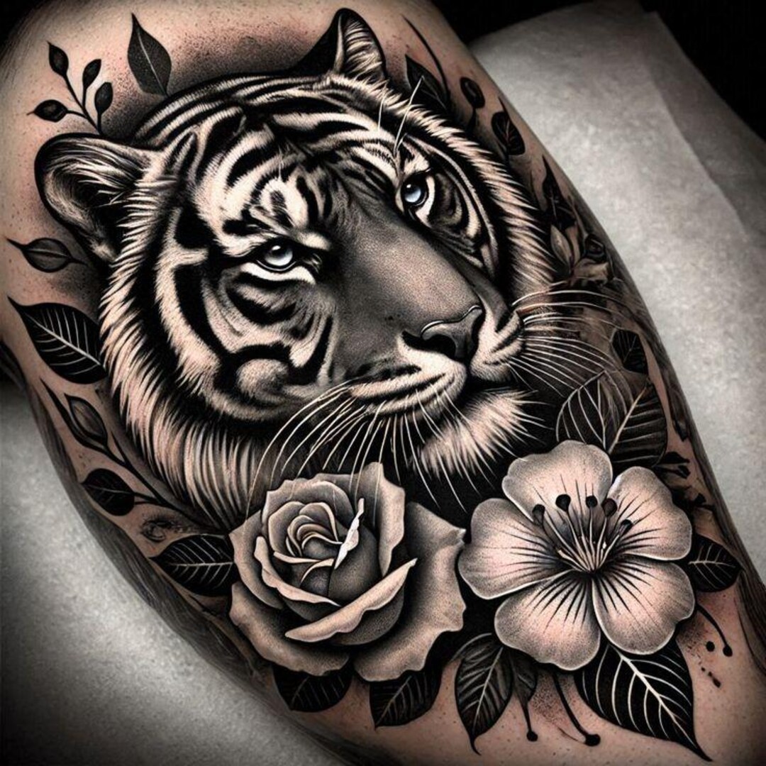 Tiger With Roses Tiger and Roses Tattoo Design – Black & Grey Realistic Animal Stencil ...