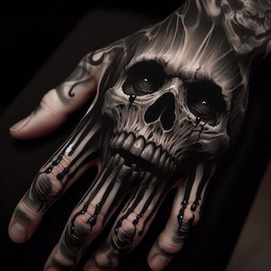 May include: A detailed black and white tattoo of a skull on the back of a hand. The skull has a realistic appearance with visible teeth and eye sockets. Black lines extend down the fingers, creating a dripping effect. The tattoo is a dark, gothic design.