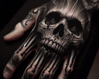 Diseño de tatuaje de mano de calavera derretida: gótico oscuro, negro y gris