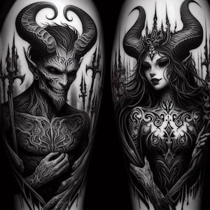 May include: Black and white illustration of two demonic figures. One is a male figure with horns, a skeletal face, and intricate body art. The other is a female figure with horns, a crown, and detailed body art. Both figures have dark eyes and are surrounded by spears.
