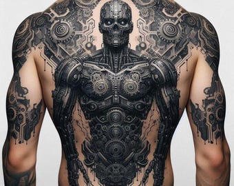 Tatuaje biomecánico en la espalda: diseño de tatuaje de robot ciberpunk