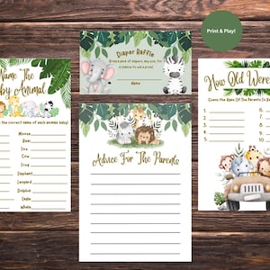 Jungle Baby Shower Game Bundle | 4 Printable Games | Diaper Raffle, Advice Cards, Guess the Age, Baby Animal Game | Safari Baby Shower