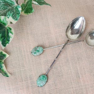 Silver Bamboo Tea Spoons with Jadeite - Pair of Vintage Collectibles