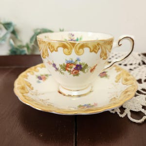 1930s Floral Bone China Tea Cup and Saucer by Plant Tuscan China - Vintage Made in England