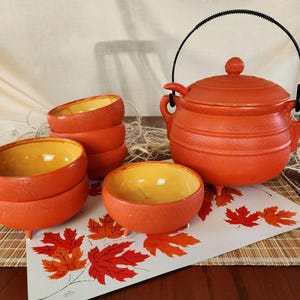 Vintage Orange Ceramic Footed Tureen & Bowls