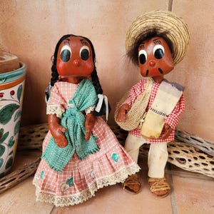 1960s Mexican Marketplace Townsfolk Oil Cloth Dolls – Choice of 2 – Vintage Handmade Rustic Folk Art Figures