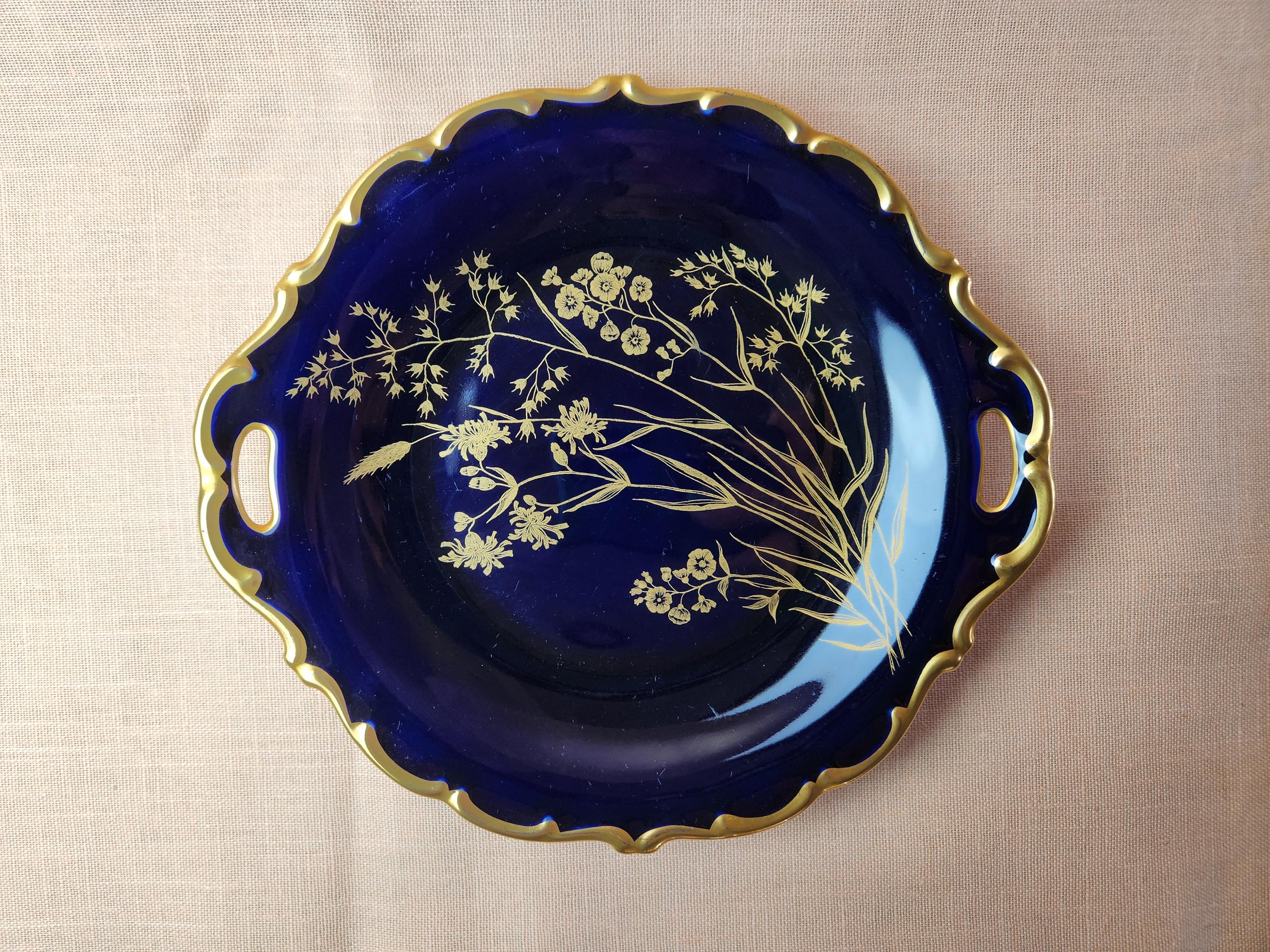 Ancien plat de service à diviser doré GERMAN BAVARIA LINDNER HP FLORAL