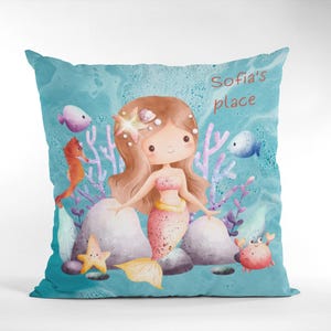 Mermaid-Themed Decorative Pillow, Magical Kids Room Decor, Personalized Gift for Girls, Boat Parties, Coastal Home Accessories, Sofía's