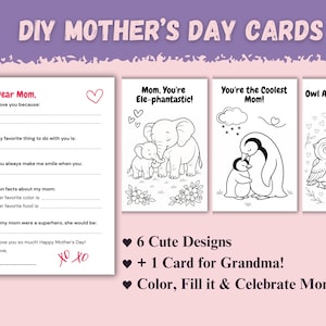 Cartes imprimables pour la Fête des Mères – Cartes pour enfants à colorier à faire soi-même – Cadeaux pour maman et grand-mère – Téléchargement instantané – Créations manuelles pour la Fête des Mères pour les enfants, faible teneur en encre