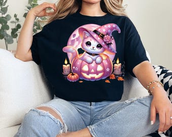 Pink Pumpkin Halloween T-Shirt, Witch Cat Pastel Goth Tee