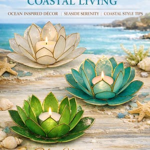 Capiz Lotus Candle Holder | Coastal Wedding Tealight Decor | White Blue Green Lotus