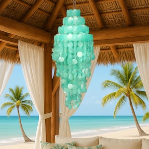 Seaside Serenity: Teal Capiz Wind Chime with Seashells - Coastal Chandelier, Beach Decor, Nautical and Beach Hanging Seashell Chime