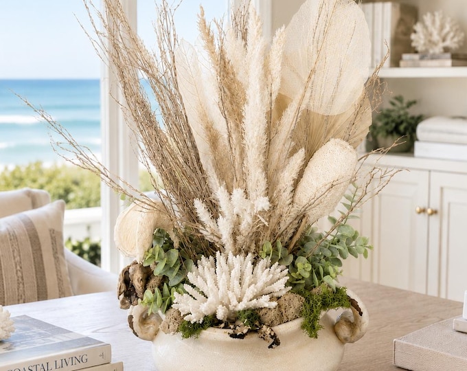 Luxury Coastal Botanical Arrangement with Authentic Coral in Artisan Stoneware Vessel | One-of-a-Kind Coastal Centerpiece