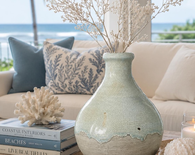 Ocean Mist Crackle Glaze Stoneware Vase | Coastal Decorative Vessel | Artisan-Inspired Coastal Decor