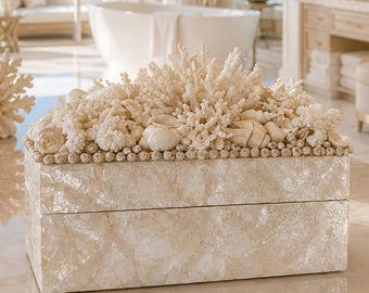 Luxury Mother of Pearl Coastal Jewelry Box with Natural Coral & Seashells | One-of-a-Kind Coastal Keepsake Box | 10x6x8"