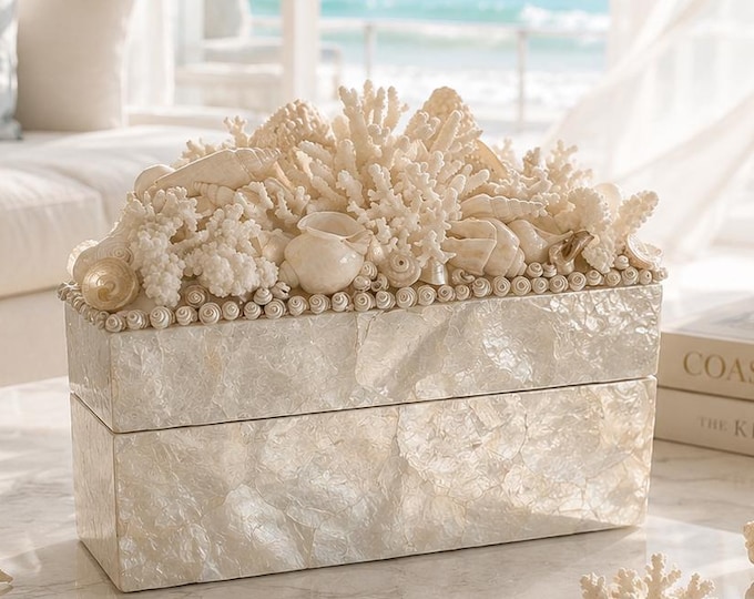 Luxury Mother of Pearl Coastal Jewelry Box with Natural Coral & Seashells | One-of-a-Kind Coastal Keepsake Box | 10x6x8"