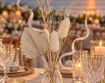Coastal Dried Botanical Bouquet | Hand-Arranged Neutral Vase Stems | Palm Leaves, Textured Pods & Curled Botanicals