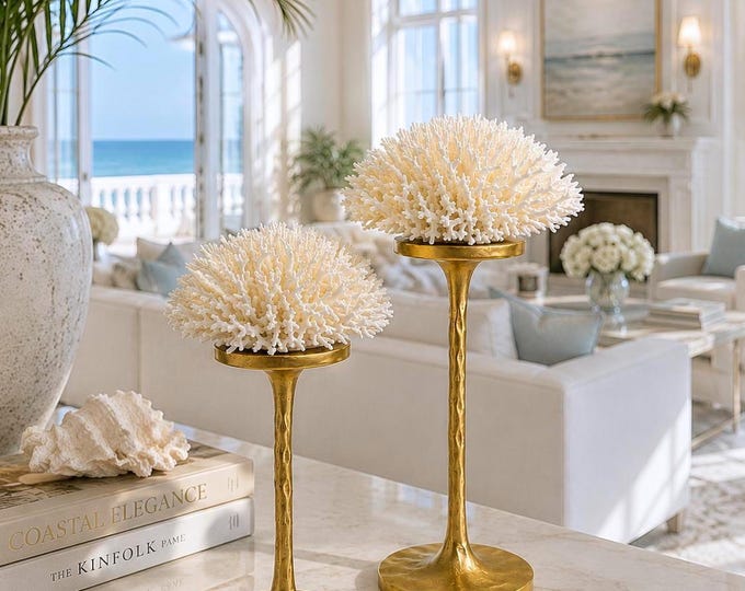 Pair of Authentic Birdsnest Coral Sculptures on Gold Pedestal Stands | Coastal Luxury Décor | One-of-a-Kind Coral Centerpieces