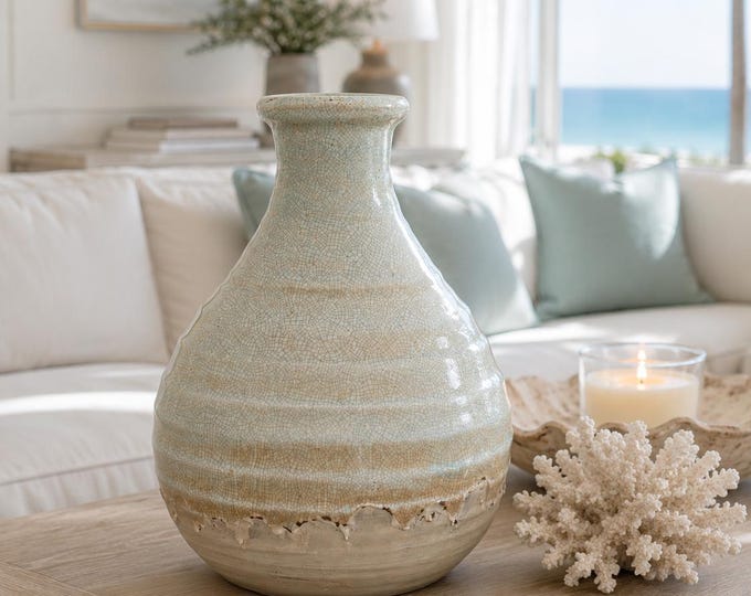 Large Ocean Mist Crackle Glaze Vase 13" | Coastal Stoneware Vessel | Floor Vase | Luxury Coastal Decor | Beach House Accent