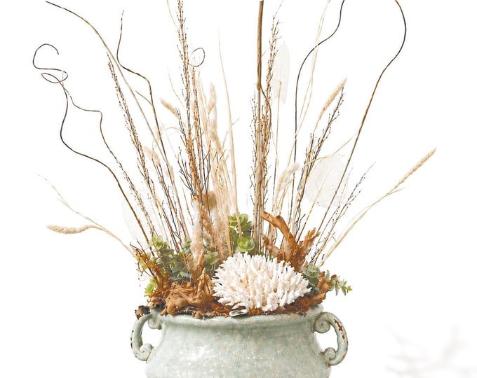 Luxury Coastal Coral Centerpiece in Artisan Stoneware Vessel | Designer Coastal Arrangement | Ocean-Inspired Table Decor