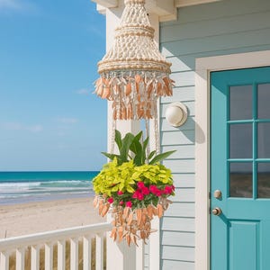 Seashell Hanging Plant Holder: Coastal Strawberry Shell Chandelier (45")