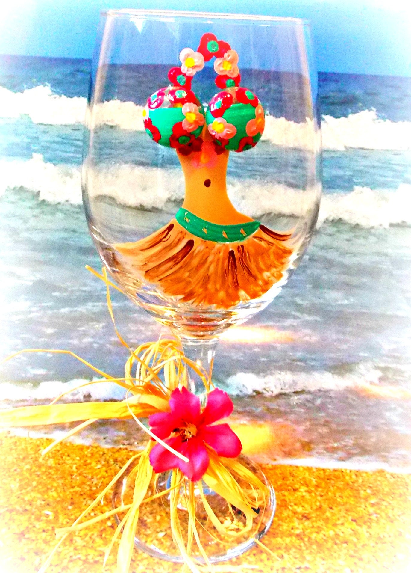 Hand Painted Wine Glass Set of 4 Tropical Hawaii Dancer Gift Hula Girl 
