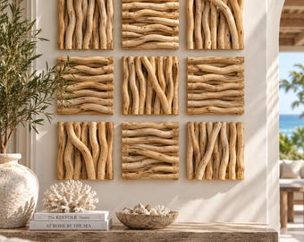 Tidal Rhythm — Nine-Piece Natural Wood Wall Installation| 13" Square Organic Coastal Wall Panels | Architectural Wall Art