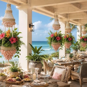 May include: A series of hanging planters featuring tiered, light-colored shell structures filled with vibrant pink hibiscus flowers, yellow lilies, and lush green foliage, suspended from a covered patio overlooking a bright blue ocean.