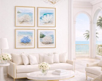 Coastal Coral Wall Art Set of 4 | Digital Watercolor Prints for Beach House Decor