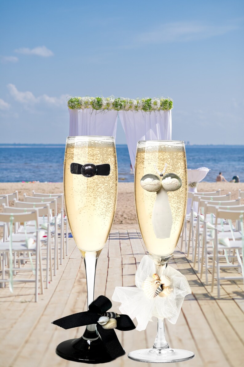 Beach Wedding Toasting Flutes Bride Groom Champagne Wine Etsy