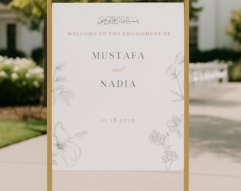 Panneau de bienvenue pour mariage islamique, modèle modifiable sur toile, Nikkah, fiançailles, téléchargement numérique, floral élégant