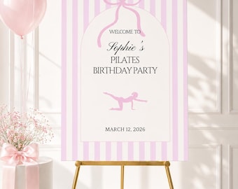 Modèle de plaque de bienvenue d'anniversaire Pilates modifiable, téléchargement numérique, imprimable, noeud rose rayé minimaliste