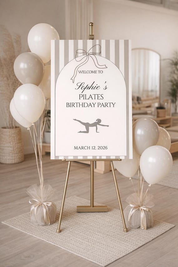 Editable Pilates Birthday Welcome Sign Template, Digital Download, Printable, Neutral Bow Striped Minimalistic