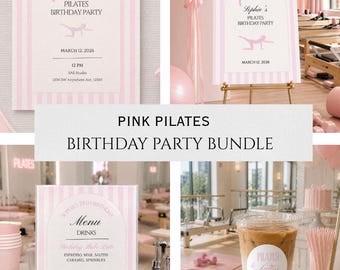 May include: A pink and white striped birthday party bundle featuring an invitation, a welcome sign, a menu card, and a cup label. Each item displays a pink bow, a silhouette of a person doing pilates, and text including Sophie's Pilates Birthday Party.