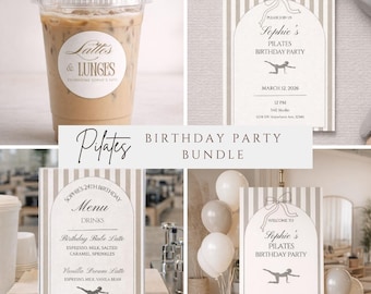 Pilates Birthday Party Invite Bundle, Neutral Beige Minimalistic Theme, Digital Download, Printable