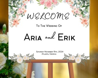 Printable Wedding Welcome Sign Template, Calligraphy Sign, Fall, Landscape, Rose, Easel