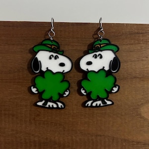 Saint Patricks Day Four Leaf Clover Snoopy Earrings | 3D Printed