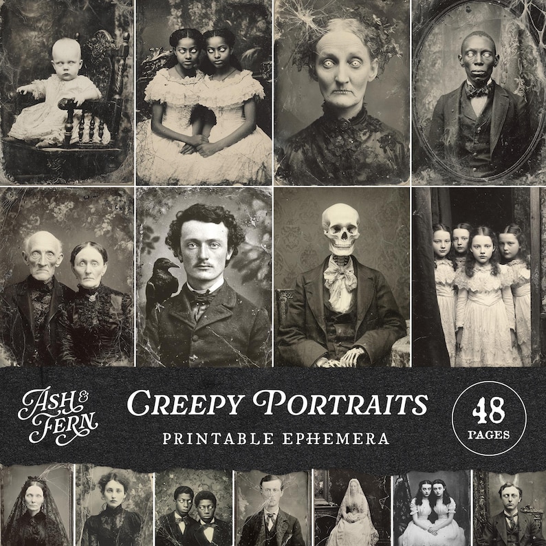 Pu&ograve; includere: Una raccolta di 48 pagine di effimeri stampabili intitolata Ash & Fern Creepy Portraits, che presenta una griglia di fotografie vintage in bianco e nero di persone, gemelli e uno scheletro in abiti formali con texture usurate.