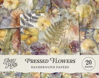 May include: A collection of 20 pressed flower background papers. The papers feature a variety of dried flowers and leaves in shades of yellow, purple, and green. The papers have a watercolor effect and are labeled "Pressed Flowers".