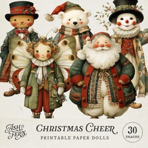 Könnte beinhalten: Eine Sammlung von Weihnachtspapierpuppen im Vintage-Stil. Das Bild zeigt einen Bären, einen Schneemann, den Weihnachtsmann und eine Fee mit Schmetterlingsflügeln, alle in festlicher Kleidung. Der Text "Christmas Cheer" und "Printable Paper Dolls" sind ebenfalls sichtbar.