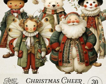 May include: A collection of five illustrated paper dolls featuring a snowman, a polar bear, a fairy with butterfly wings, Santa Claus, and a character in a top hat. The text reads Ash & Fern Christmas Cheer 30 Images Printable Paper Dolls.