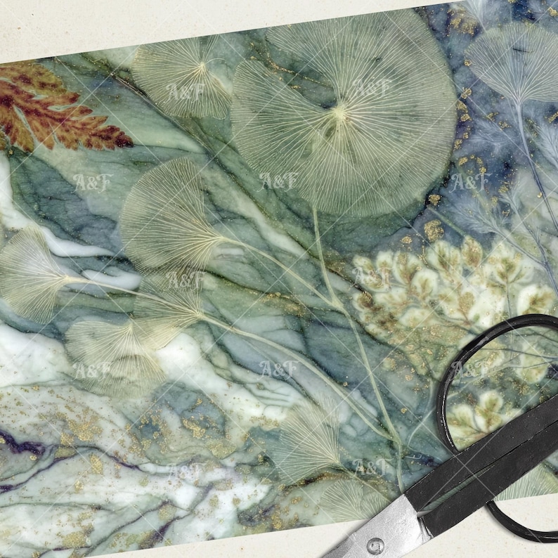 May include: A digitally created marble-like background with a botanical design. The color palette includes shades of green, blue, and gold. Delicate, fan-shaped leaves and floral elements are scattered across the surface. A pair of scissors is in the bottom right corner.