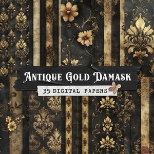 Sfondi damascati oro antico, carta digitale vintage nera e oro, pagine di diario di scarto barocco, fogli di collage di album di ritagli gotici stampabili