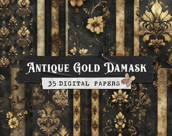 Antique Gold Damask Digital Paper: Gothic Scrapbook Pages (Digital Download)