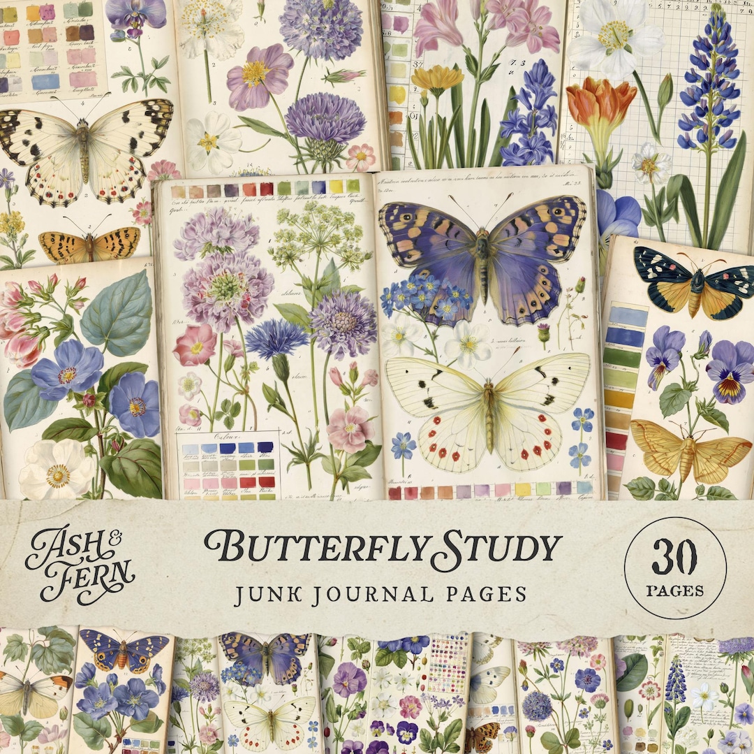 Vintage Butterfly Study Printable Junk Journal Pages, Botanical Insect Collage Papers, Flo